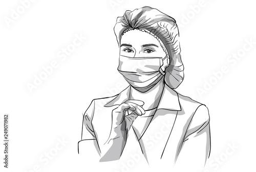 Woman doctor in a mask Vector sketch storyboard. Detailed character illustrations
