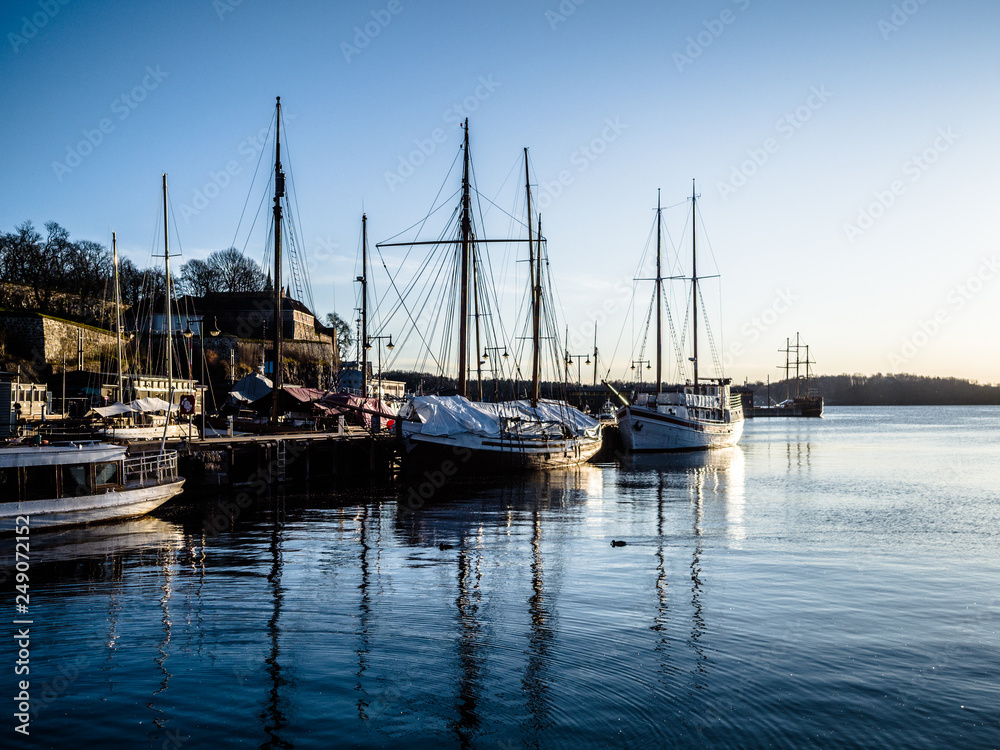 Scene view of the ships and boats in Oslo port, Norway
