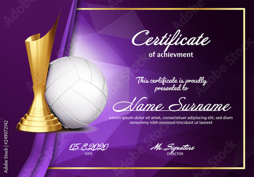 Volleyball Certificate Diploma With Golden Cup Vector. Sport Vintage Appreciation. Modern Gift. Print Blank. A4 Horizontal. Event Illustration