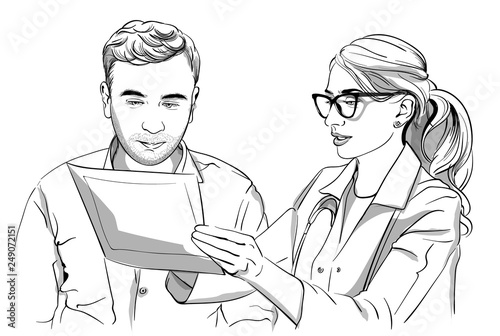 Woman doctor and patient Vector sketch storyboard. Detailed characters illustrations