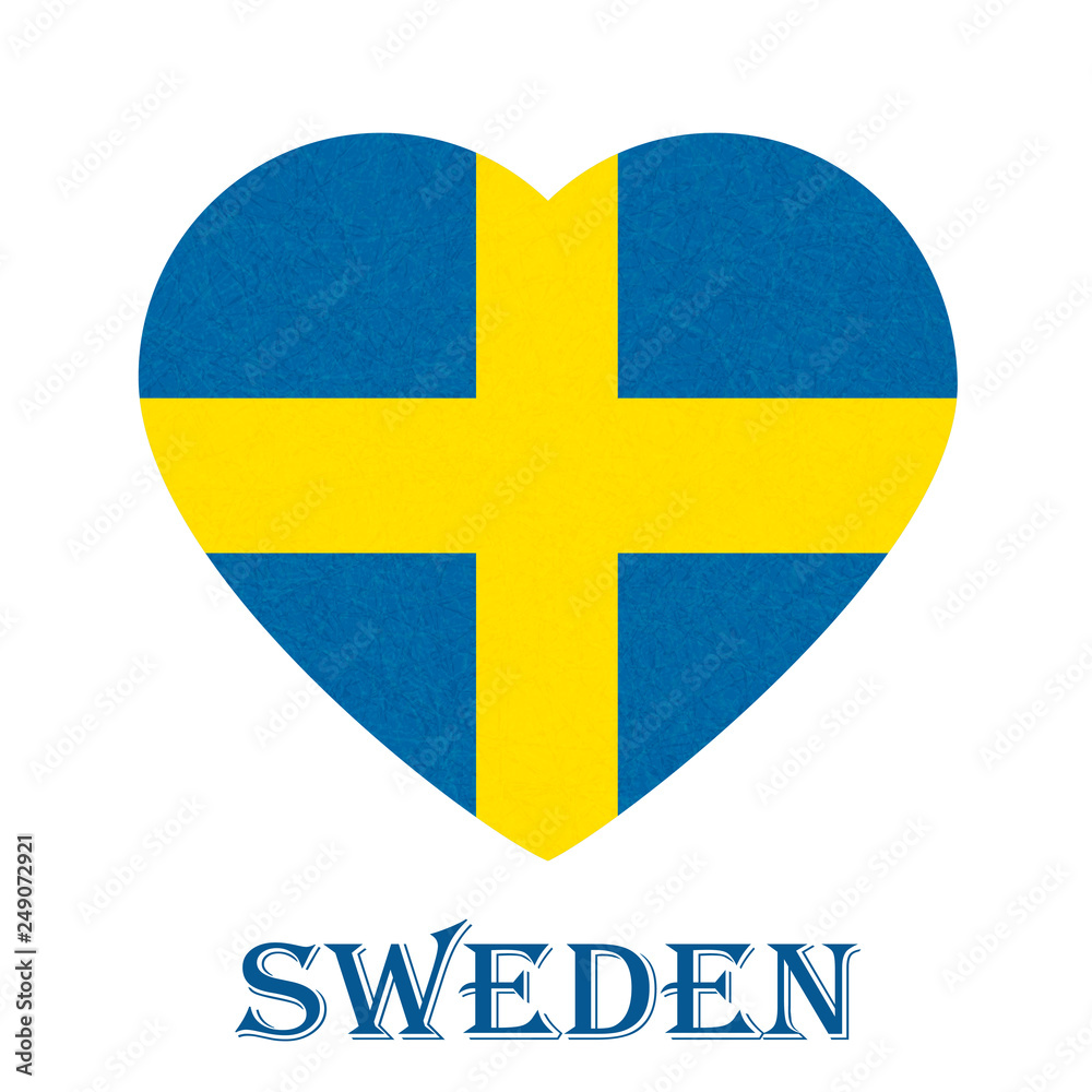 Sweden flag in heart shape, Scandinavian country. Isolated Swedish banner with scratched texture, grunge. Flat style, vector with noise, marble textured background. Square orientation. Sweden flag in heart shape, Scandinavian country. Isolated Swedish banner with scratched texture, grunge. Flat style, vector with noise, marble textured background. Square orientation.