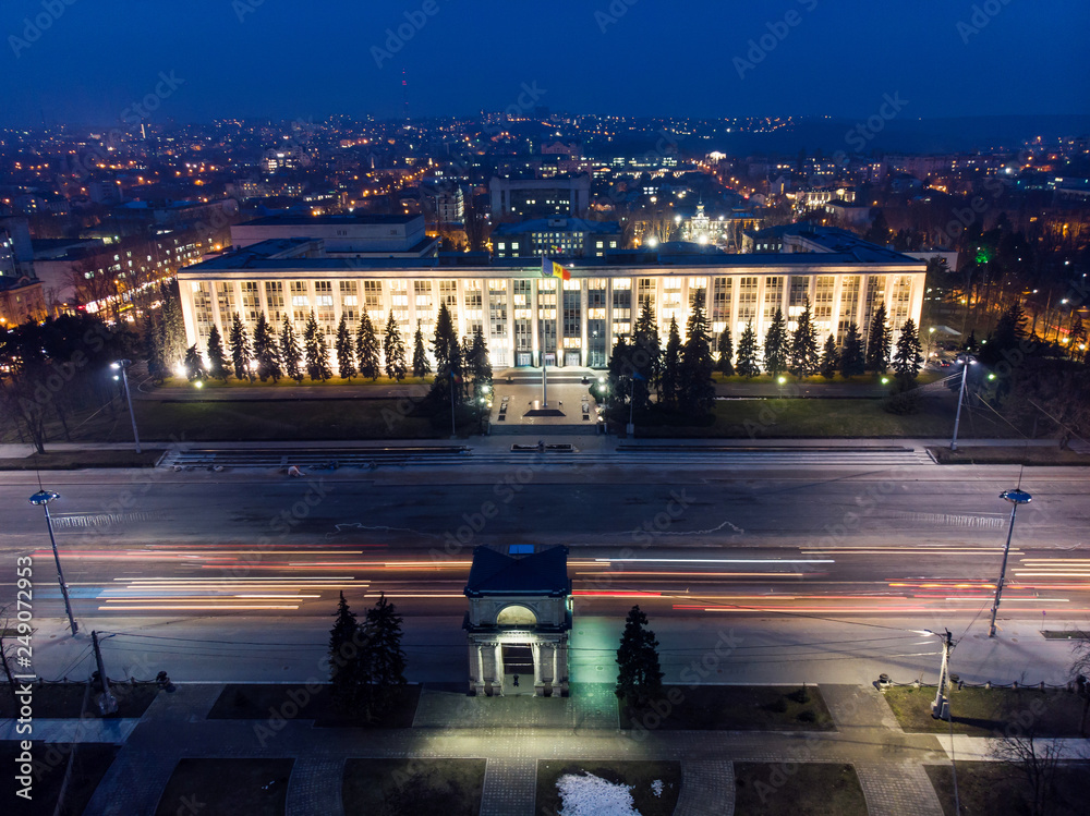 Aerial drone view of chisinau city center at night