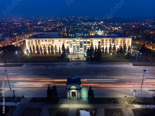 Obraz na płótnie Aerial drone view of chisinau city center at night w salonie