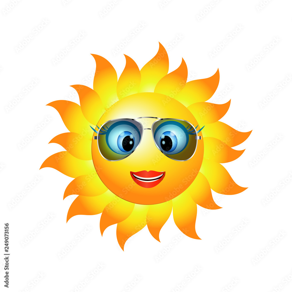 Emoticon smiling girl. Cartoon sun smiling with trend sunglasses. Vector 3d illustration Emoticon smiling girl. Cartoon sun smiling with trend sunglasses. Vector 3d illustration