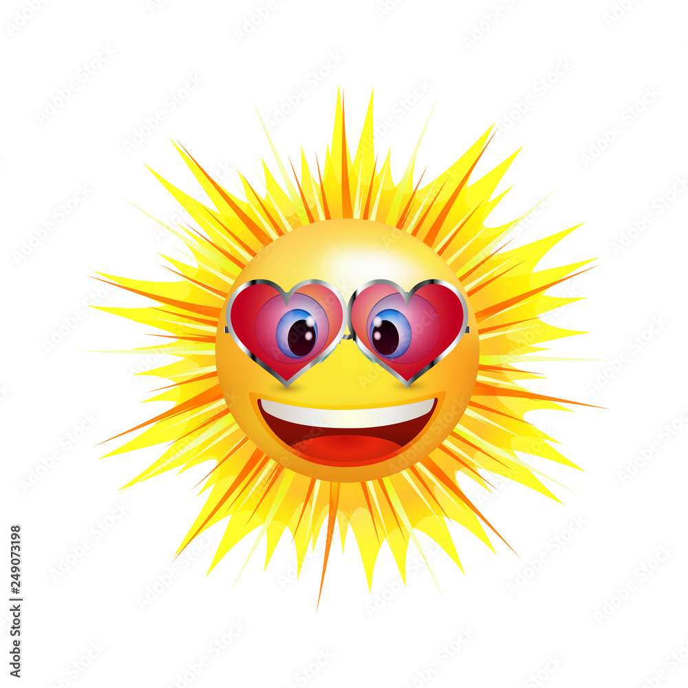 Smiling cartoon sun with sunglasses in the shape of a heart. Emoticon smiling. Vector 3d illustration