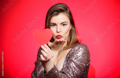 Air kiss. Love you so much. Woman attractive kiss face send love to you. Valentines day and romantic mood. Tender kiss from lovely girl with makeup red lips. Spread romantic mood around. Sweet kiss