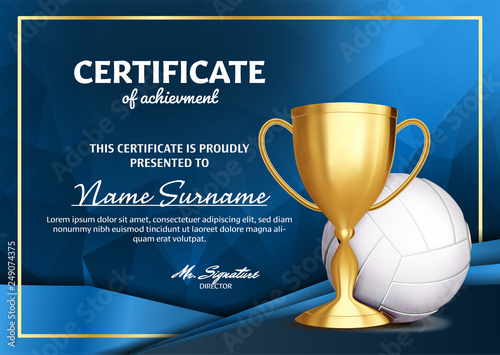 Volleyball Certificate Diploma With Golden Cup Vector. Sport Award Template. Achievement Design. Honor Background. A4 Horizontal. Illustration