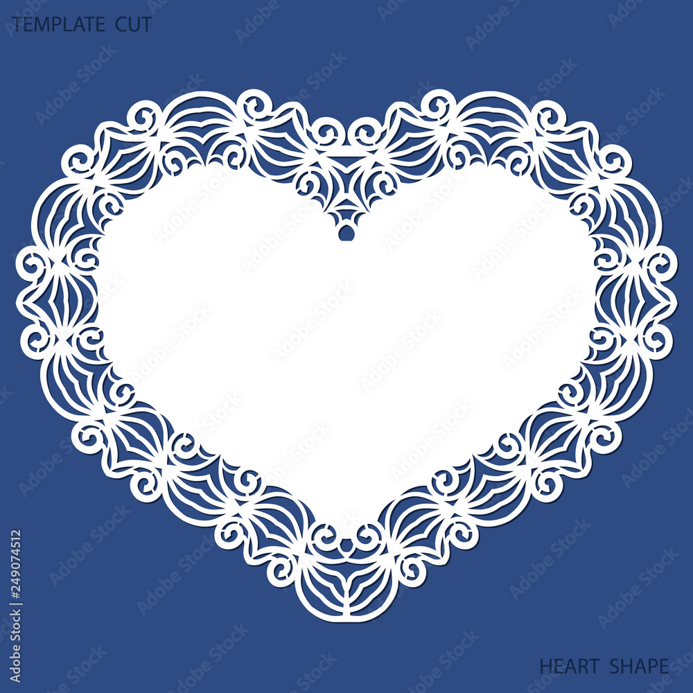 Greeting card with openwork border, paper doily under the cake, template for cutting in the form of heart, valentine card, wedding invitation, decorative plate is laser cut, vector illustrations. Greeting card with openwork border, paper doily under the cake, template for cutting in the form of heart, valentine card, wedding invitation, decorative plate is laser cut, vector illustrations.