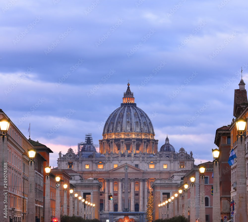 View of the Cathedral of St. Peter backlit in the early morning. Walk around Rome.