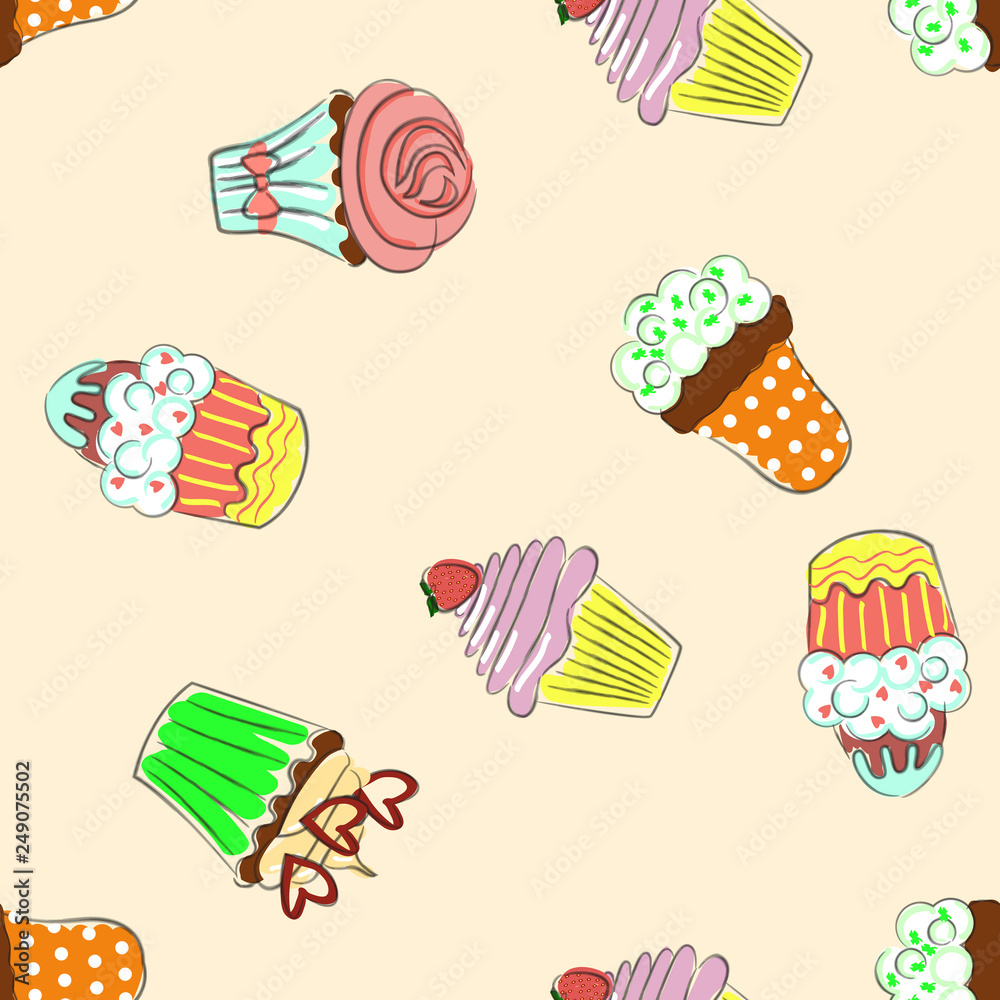 Seamless pattern with colorful cupcakes