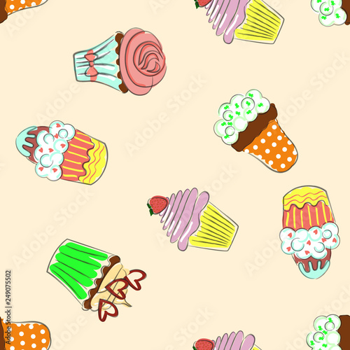Seamless pattern with colorful cupcakes