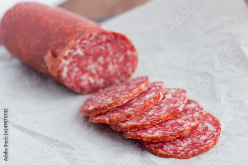 raw smoked sausage, salami cut into pieces