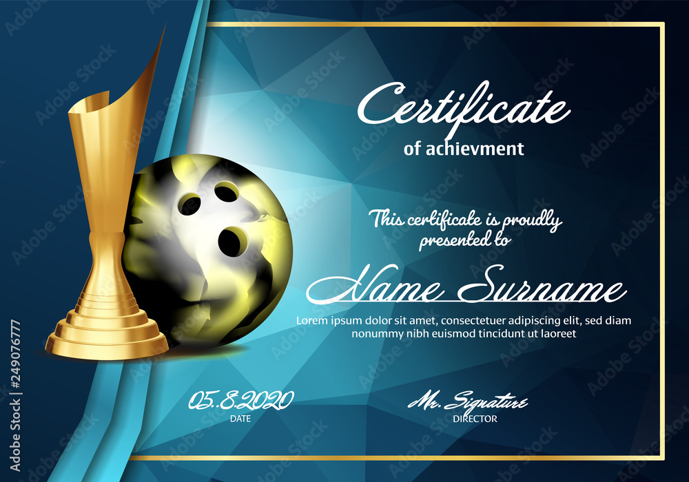 Bowling Certificate Diploma With Golden Cup Vector. Sport Vintage