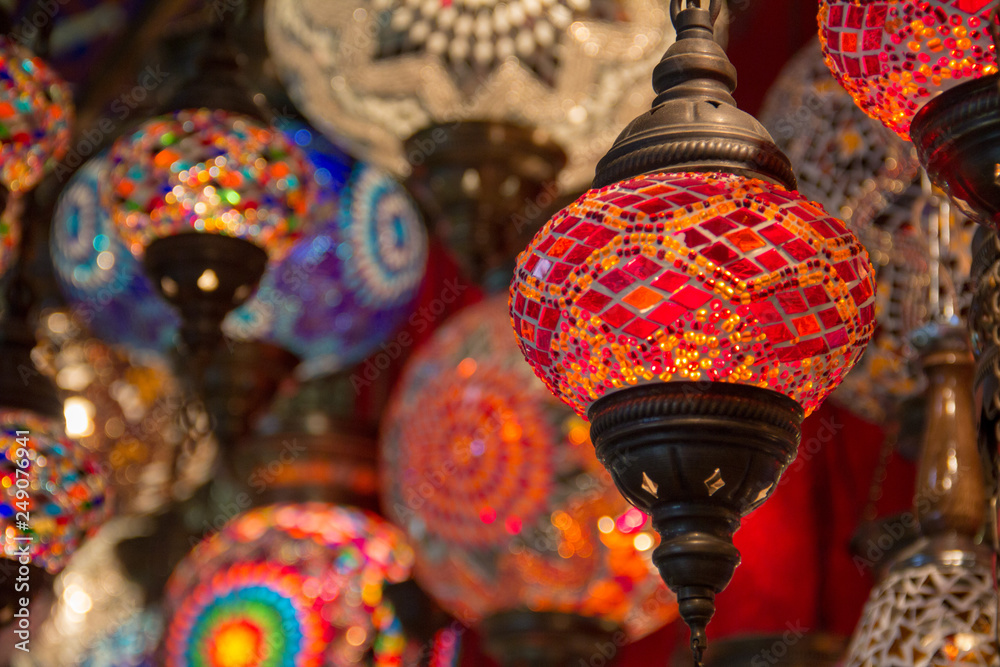 Close-up of Turkish lamps at the Grand Bazaar in Istanbul, Turkey