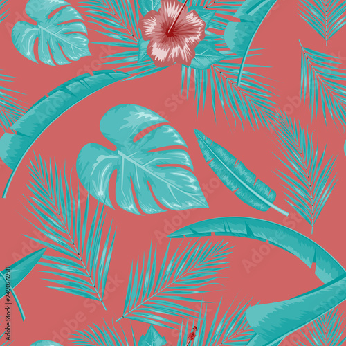 Exotic abstract vector jungle or tropical leaf and flower seamless pattern. Vector illustration. Blue leaf and red background.