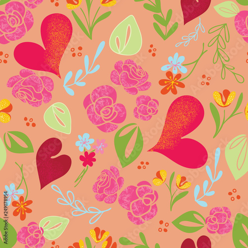 Peach Hearts   Roses Seamless Vector Pattern
