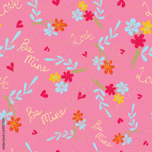 Pink Love Flowers Seamless Vector Pattern