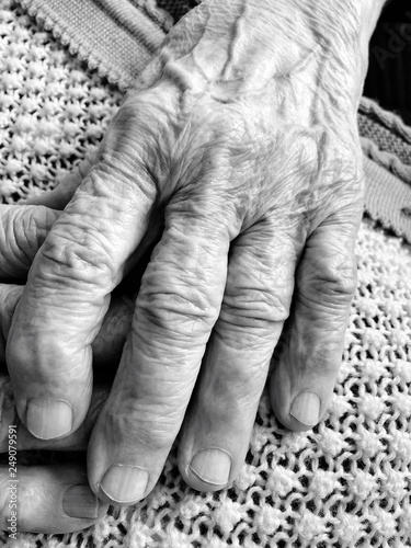 Closeup wrinkled hands of an old person