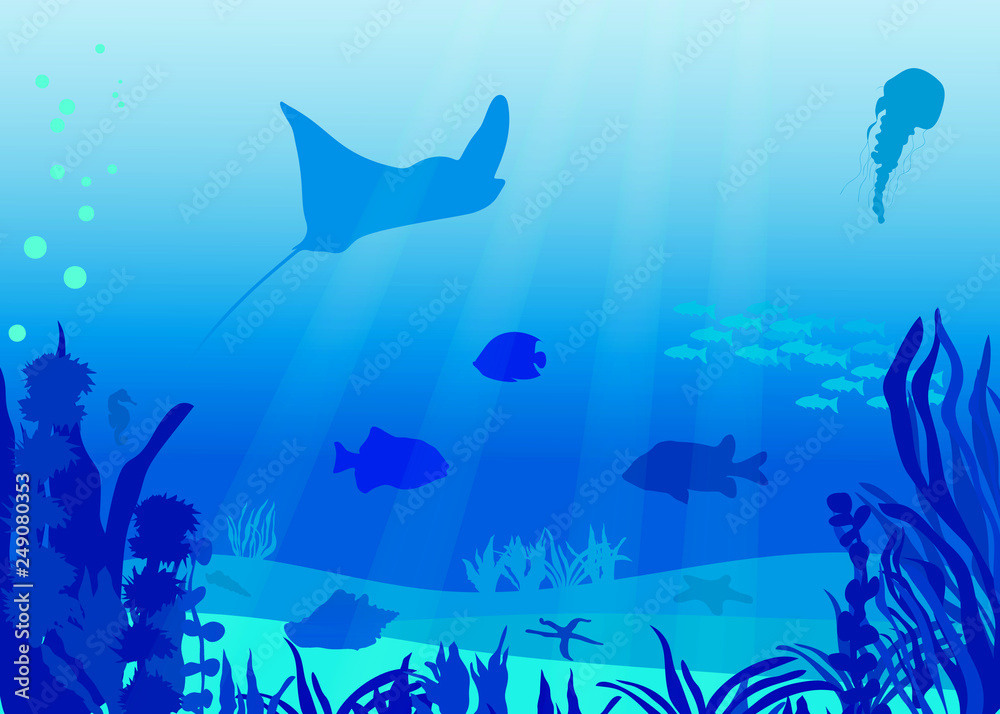 Fototapeta premium Underwater world deep sea life, fish on the blue seafloor, marine life.