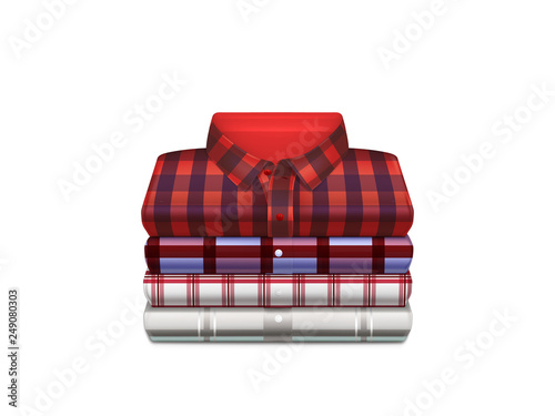 Various color, checkered cotton shirts folded in stack 3d realistic vector isolated on white. Mens casual fashion, everyday garment icon. Housekeeping concept, clothing store sale ad design element