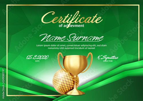 Golf Game Certificate Diploma With Golden Cup Vector. Sport Graduate Champion. Best Prize. Winner Trophy. A4 Horizontal. Illustration