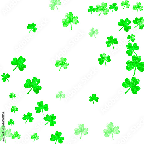 St patricks day background with shamrock. Lucky trefoil confetti. Glitter frame of clover leaves. Template for voucher, special business ad, banner. Festive st patricks day backdrop.
