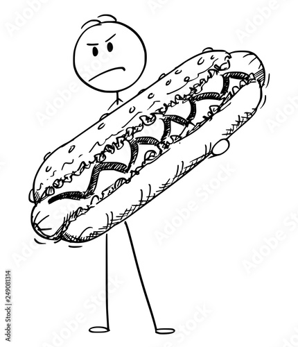 Cartoon stick figure drawing conceptual illustration of angry man holding big hot dog.