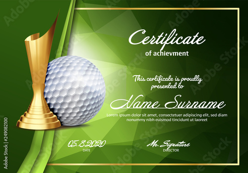 Golf Certificate Diploma With Golden Cup Vector. Sport Vintage Appreciation. Modern Gift. Print Blank. A4 Horizontal. Event Illustration