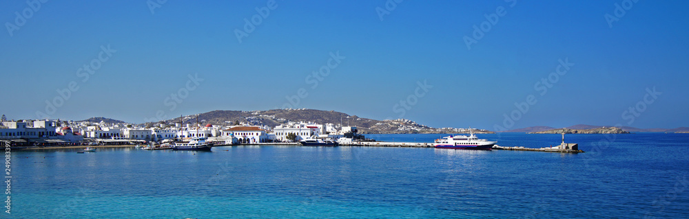 Panoramic view of the old port of Chora in Mykonos