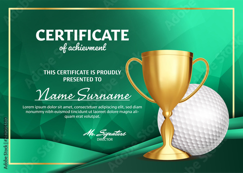 Golf Certificate Diploma With Golden Cup Vector. Sport Award Template. Achievement Design. Honor Background. A4 Horizontal. Illustration