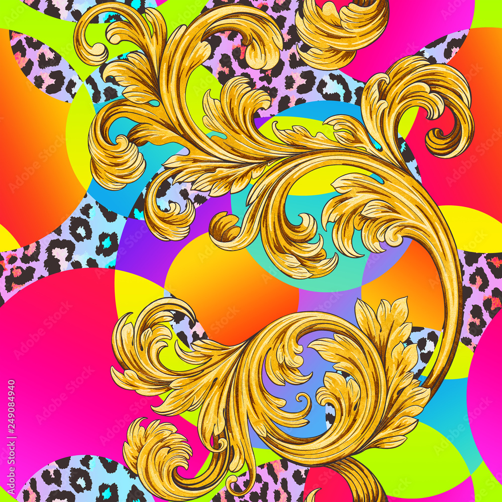 Trendy colorful pattern in 80s style. Abstract geometric background with bright shapes, Leopard skin and Renaissance gold monogram. Retro vintage abstract art print. Trendy colorful pattern in 80s style. Abstract geometric background with bright shapes, Leopard skin and Renaissance gold monogram. Retro vintage abstract art print.