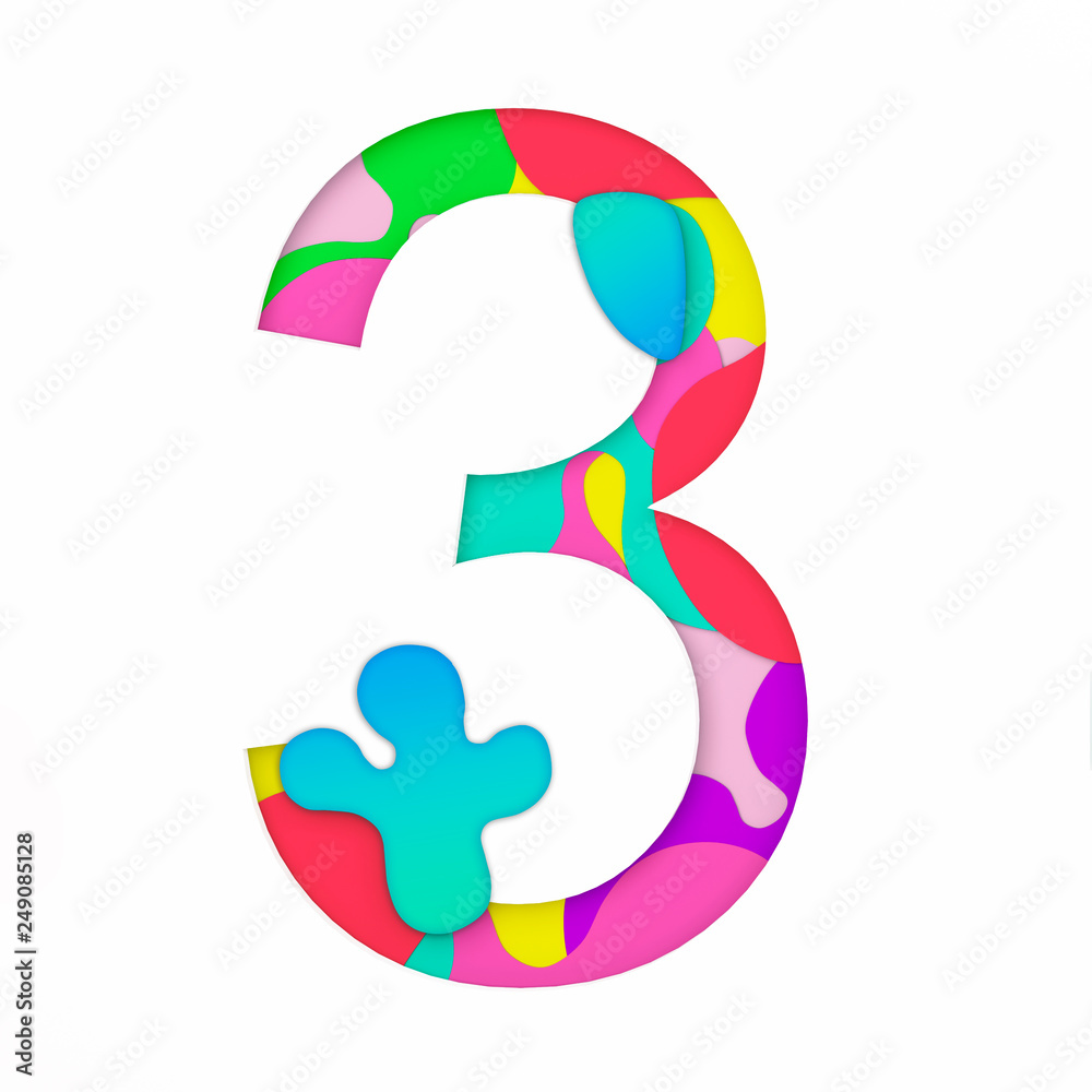 Paper cut number 3. 3D image multi layers papercut effect isolated on white background. Colorful layer. Decoration origami element for design.