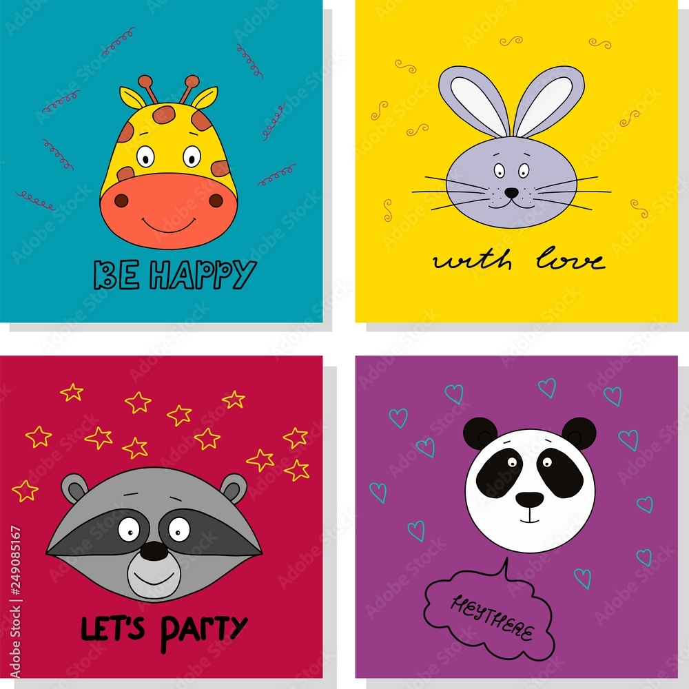 Vector illustration prints or postcards with funny cute animals Vector illustration prints or postcards with funny cute animals