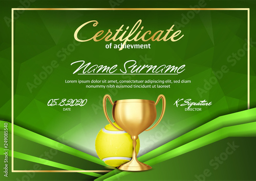 Tennis Game Certificate Diploma With Golden Cup Vector. Sport Graduate Champion. Best Prize. Winner Trophy. A4 Horizontal. Illustration