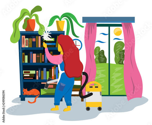 The girl with a vacuum cleaner and a broom is cleaned at home. Bookcase, panoramic window and chair. Illustration in flat style.
