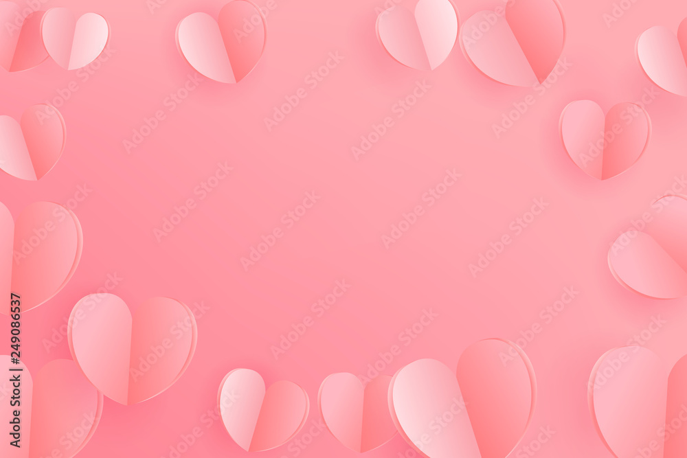 Paper hearts on pink background. Valentine`s Day and Mother`s Day celebration card