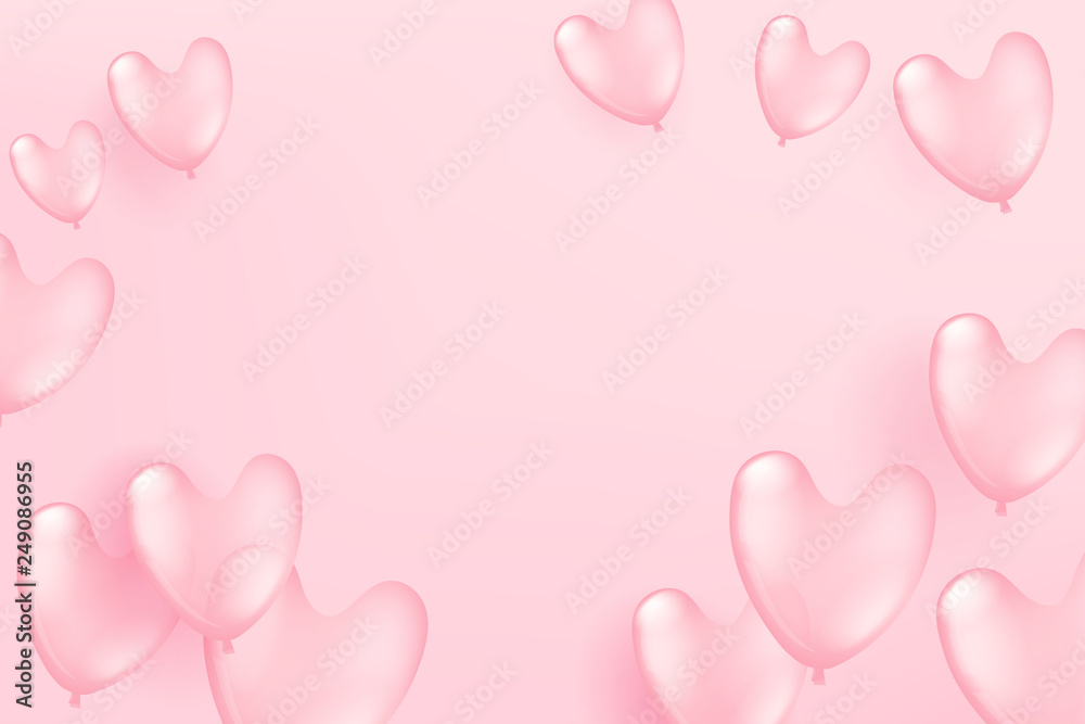 Flying pink balloons on pink background. Valentine`s Day and Mother`s Day celebration card template
