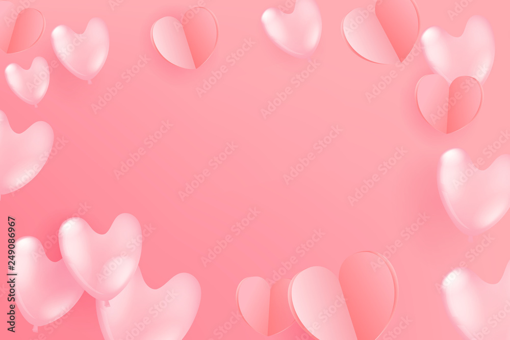 Flying paper hearts and balloons on pink background. Valentine`s Day and Mother`s Day celebration card layout