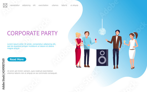 Corporate party, four persons drinking wine and having good time at disco club. Workwomen in evening dress and workmen in trouthers and shirt vector. Website or webpage template, landing page in flat