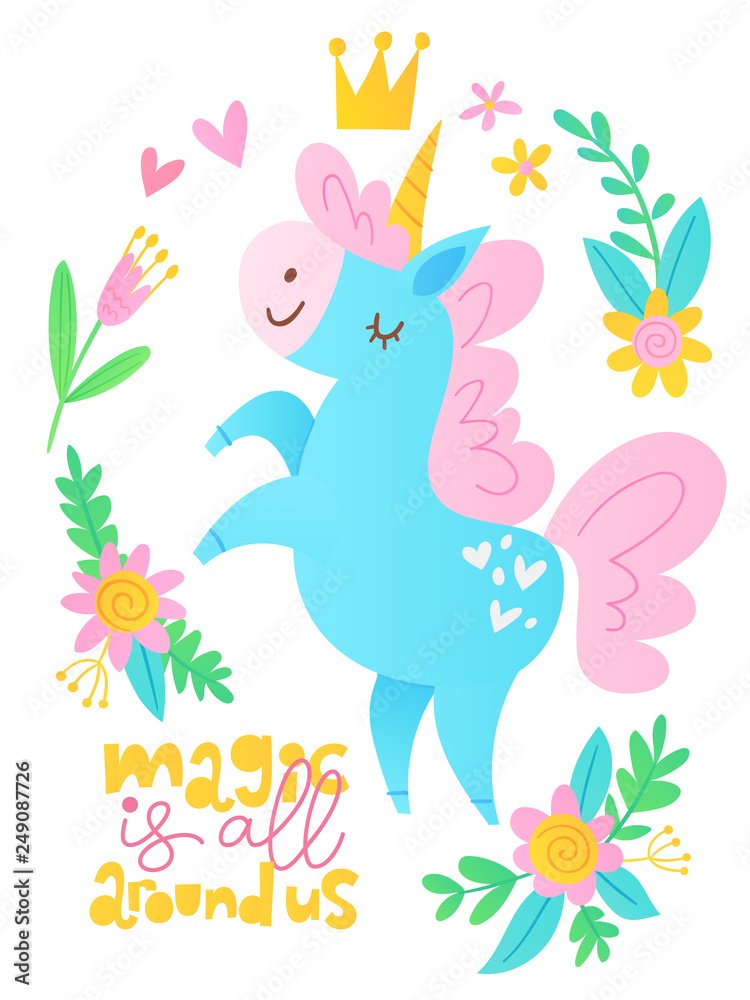 Fototapeta premium Cute vector poster with cartoon unicorn and lettering 