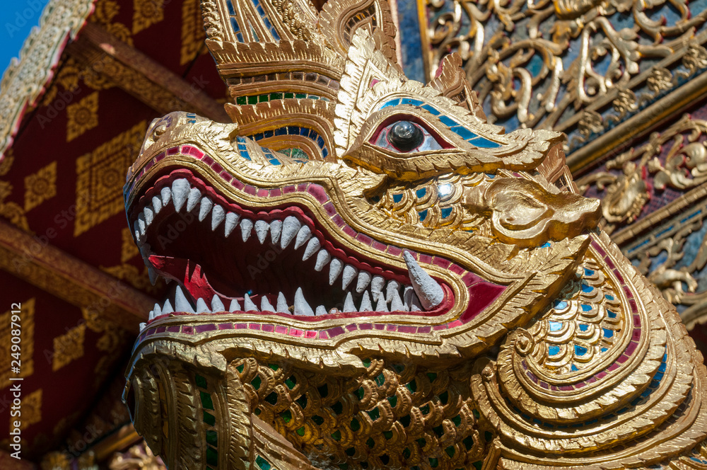 Naga decoration on baluster, Wat Phra Singh, Chiang Mai, Thailand.