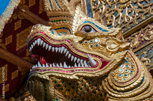 Naga decoration on baluster, Wat Phra Singh, Chiang Mai, Thailand.