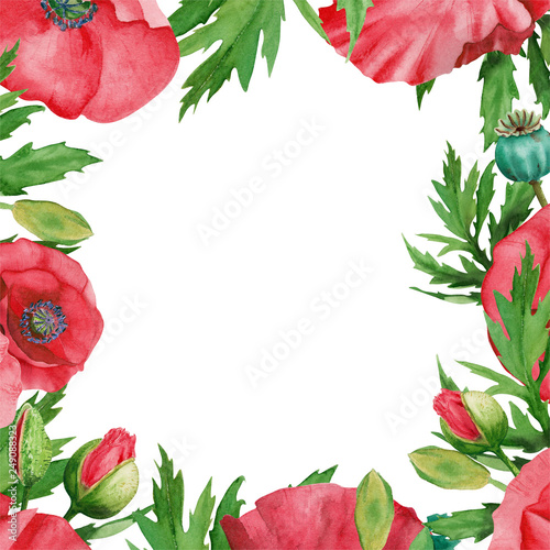 Frame of watercolor green leaves and poppy flowers isolated on white background.