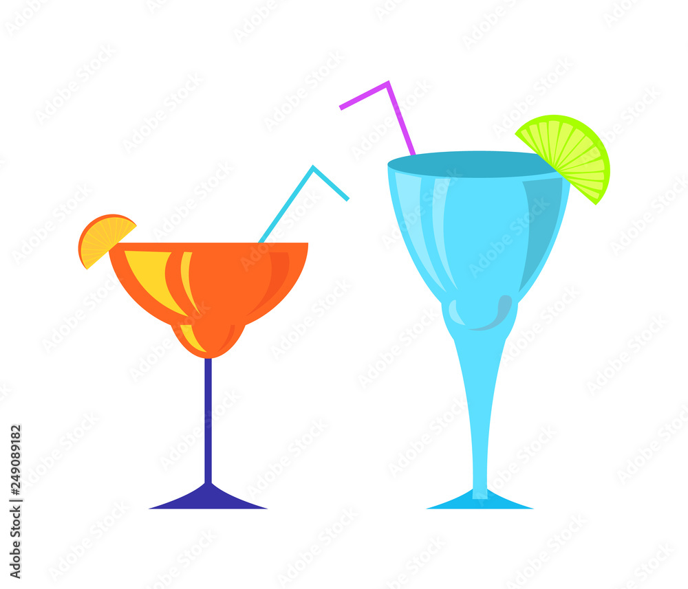 Cocktail poured in special glasses vector, beverages served with straws and sliced lime orange. Juicy drinks on party, isolated icons liquids in containers Cocktail poured in special glasses vector, beverages served with straws and sliced lime orange. Juicy drinks on party, isolated icons liquids in containers