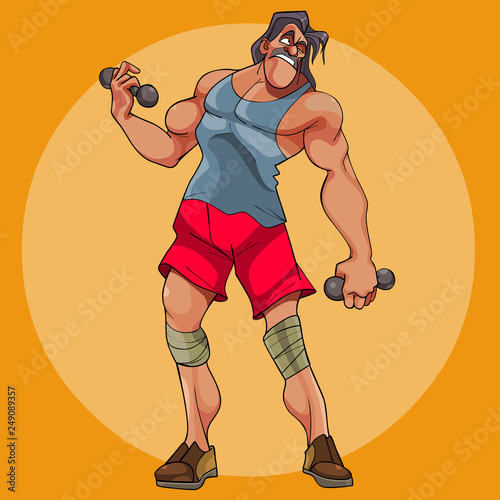 Cartoon funny male athlete doing exercises with dumbbells