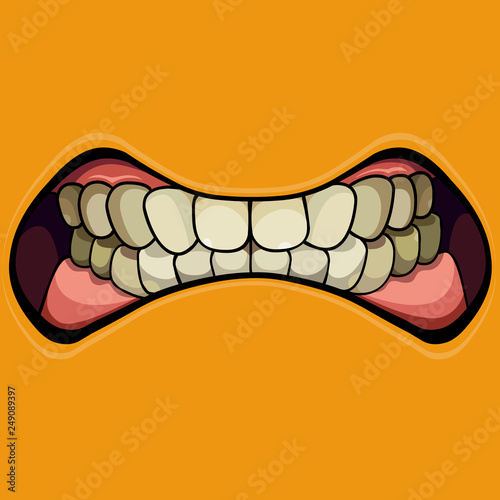 cartoon grinning mouth with clenched teeth on a yellow background