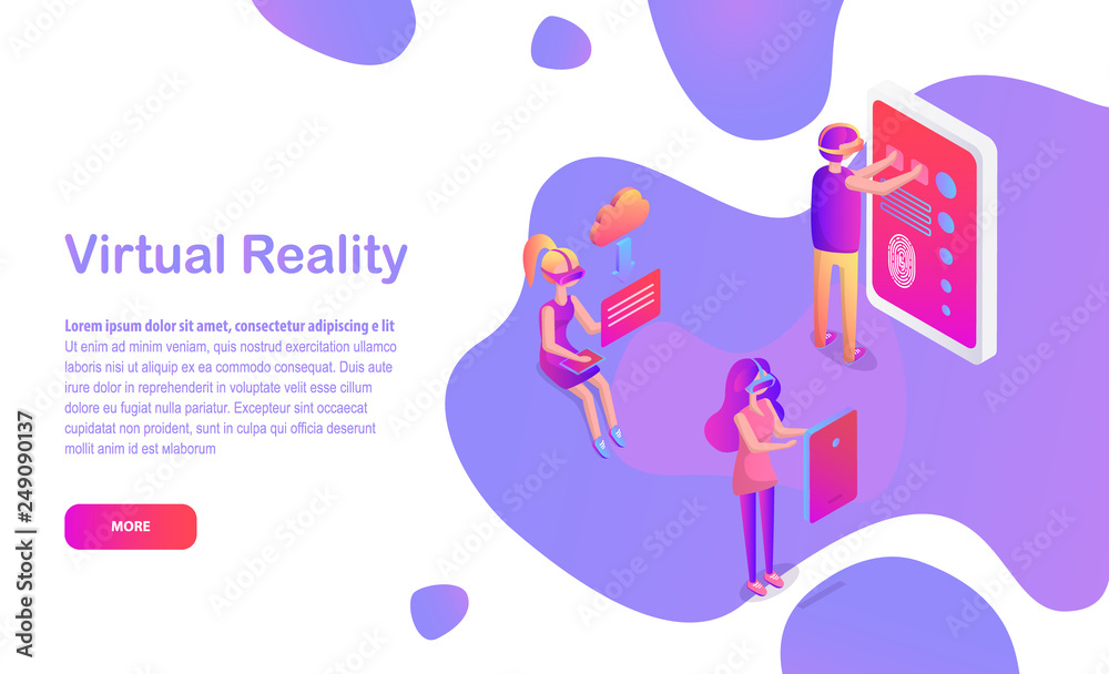 Virtual reality web page with people in VR glasses vector. Men and women with modern devices, cloud and touch screen, gadget, smartphone or tablet Virtual reality web page with people in VR glasses vector. Men and women with modern devices, cloud and touch screen, gadget, smartphone or tablet