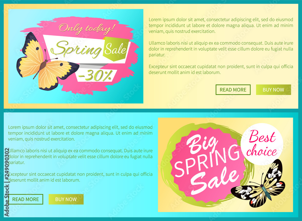 Only today big spring sale labels on posters with butterflies, day-flying moth with wings vector voucher advertisement sticker with tag, add your text