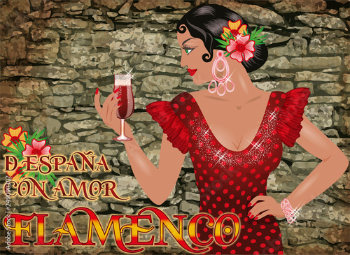 Flamenco.Translation is From Spain with Love. Elegant  girl with spanish wine. Festival card. vector illustration