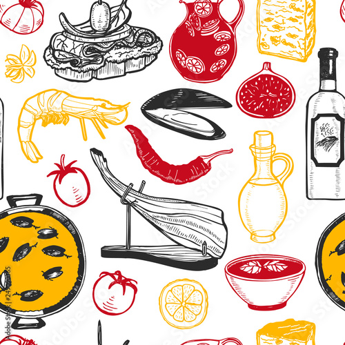 Pattern with Spanish Food in Hand-Drawn Style